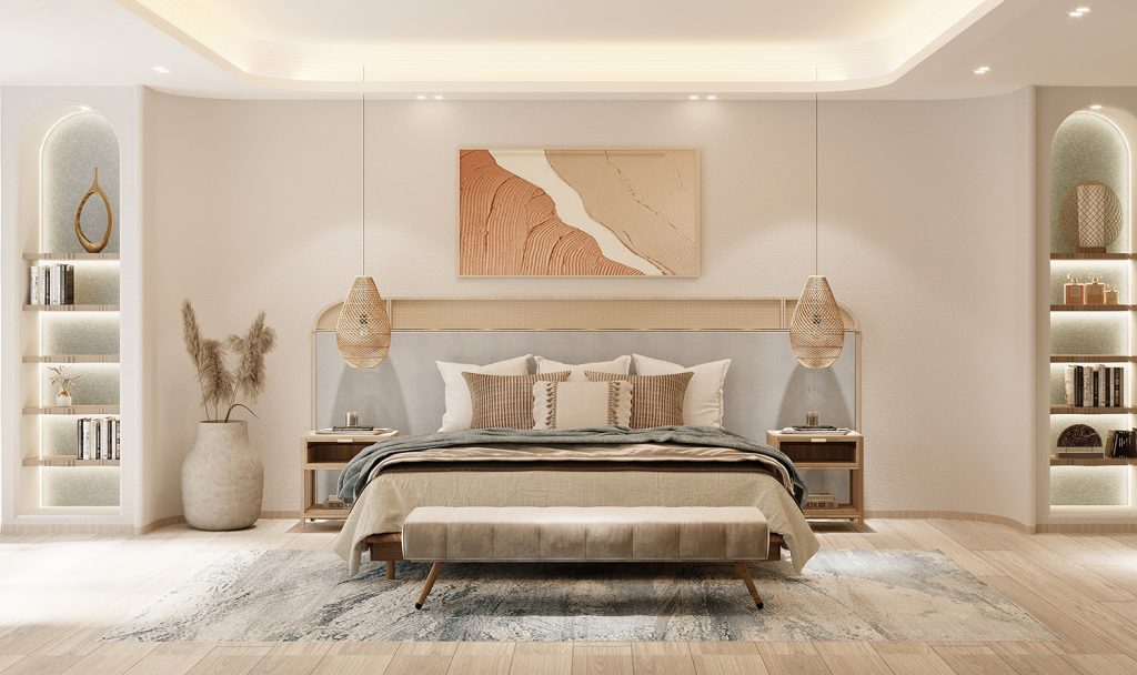 A bedroom decorated in the style of the owner in terms of the furniture, the colour palette, the wall decor, and the overall design