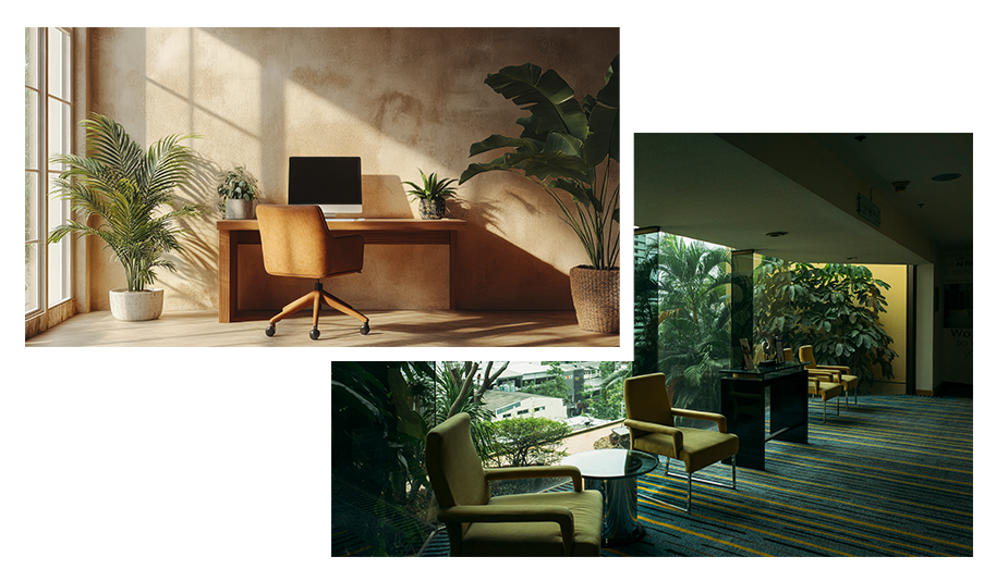 Serene meditation room with soft natural lighting, bamboo flooring, comfortable cushioned seating, and a small water feature for ambient sound