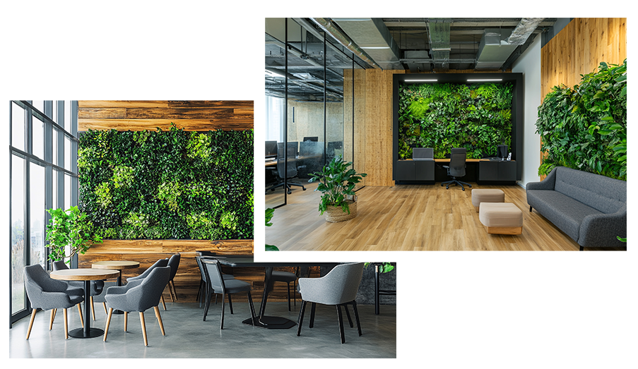 Executive meeting room featuring a stunning living wall of indigenous plants, natural wood conference table, and panoramic views of Dubai Marina