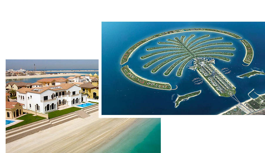 Aerial view of Dubai’s Palm Jumeirah island alongside luxury beachfront villas and pristine shoreline, highlighting high-end residential investment opportunities in waterfront properties.