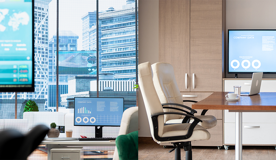 Interactive digital display seamlessly integrated into a marble wall with Arabic geometric patterns, showing collaborative workspace features